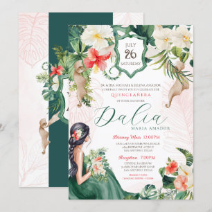 Tropical Leaves Emerald Green Floral Quinceanera Invitation