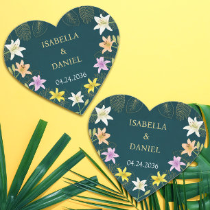 Tropical Leaves Exotic Floral Lily Teal Wedding Heart Sticker