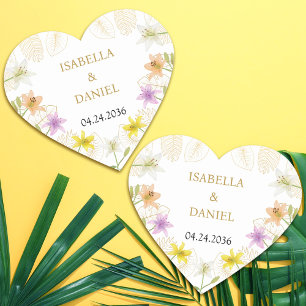 Tropical Leaves Exotic Floral Lily White Wedding Heart Sticker