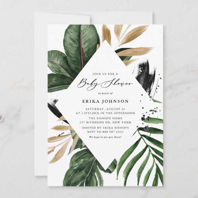 Tropical Leaves Faux Gold Foil Frame Baby Shower Invitation (Front)