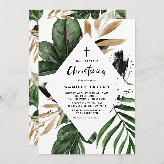 Tropical Leaves Faux Gold Foil Frame Christening Invitation (Front/Back)