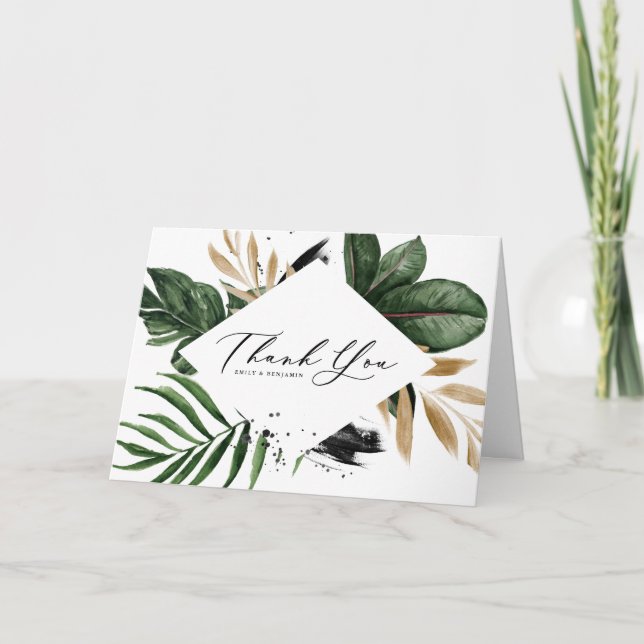 Tropical Leaves Faux Gold Foil Frame Thank You Card (Front)