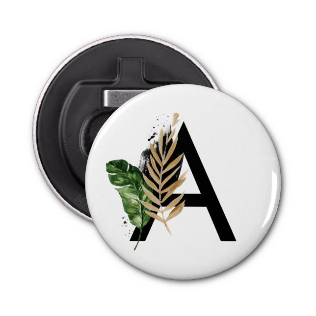 Tropical Leaves Faux Gold Foil Letter A Monogram Bottle Opener (Front)