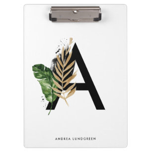 Tropical Leaves Faux Gold Foil Letter A Monogram Clipboard