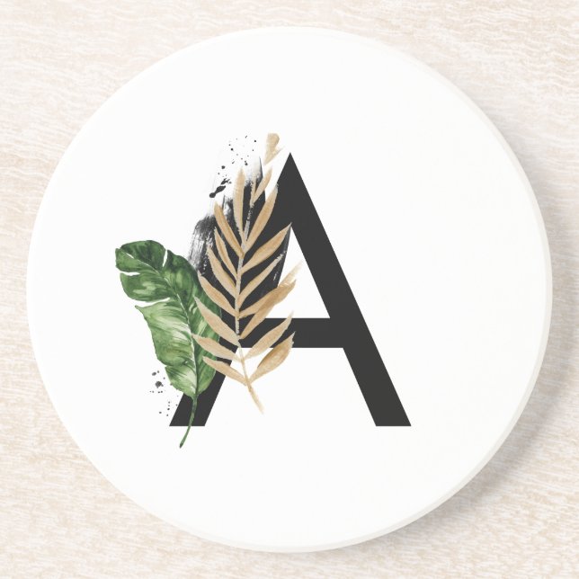Tropical Leaves Faux Gold Foil Letter A Monogram Coaster (Front)