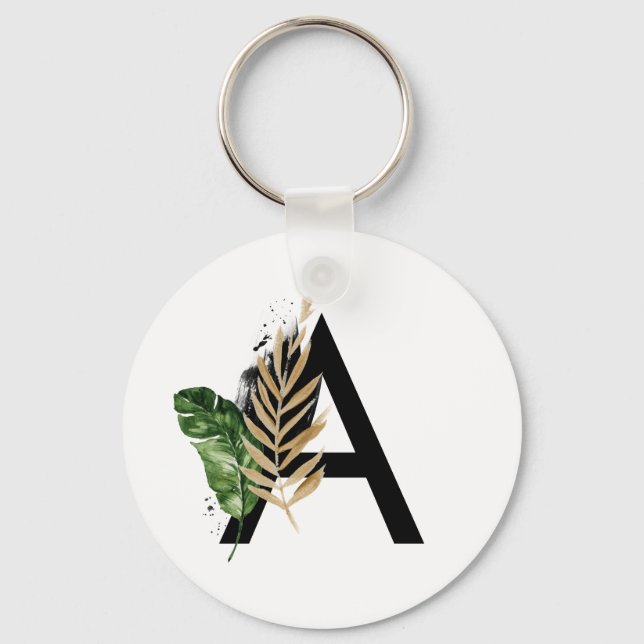 Tropical Leaves Faux Gold Foil Letter A Monogram Key Ring (Front)