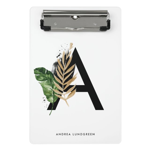 Tropical Leaves Faux Gold Foil Letter A Monogram Mini Clipboard (Front)