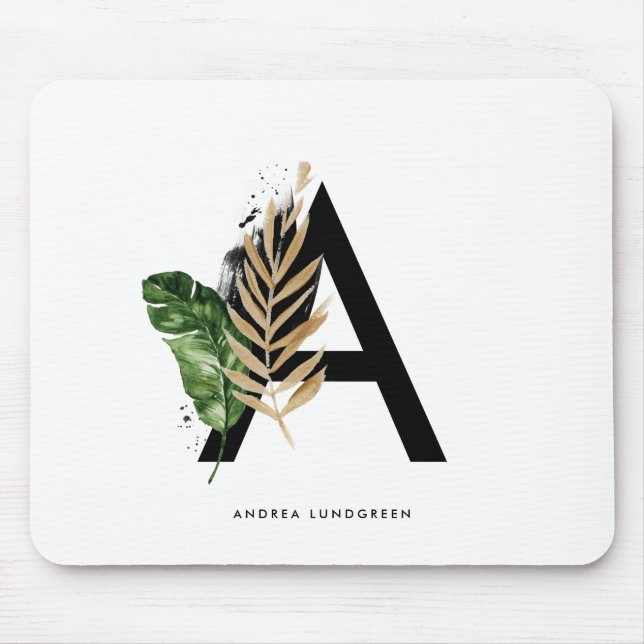 Tropical Leaves Faux Gold Foil Letter A Monogram Mouse Pad (Front)