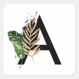 Tropical Leaves Faux Gold Foil Letter A Monogram Square Sticker
