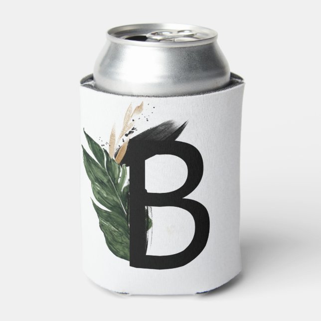 Tropical Leaves Faux Gold Foil Letter B Monogram Can Cooler (Can Front)
