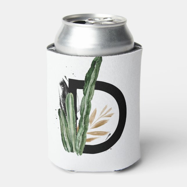 Tropical Leaves Faux Gold Foil Letter D Monogram Can Cooler (Can Front)