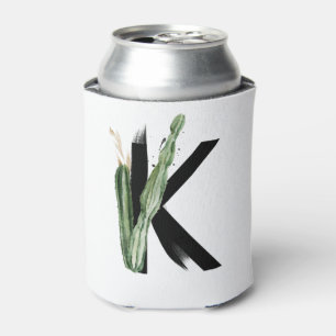 Tropical Leaves Faux Gold Foil Letter K Monogram Can Cooler