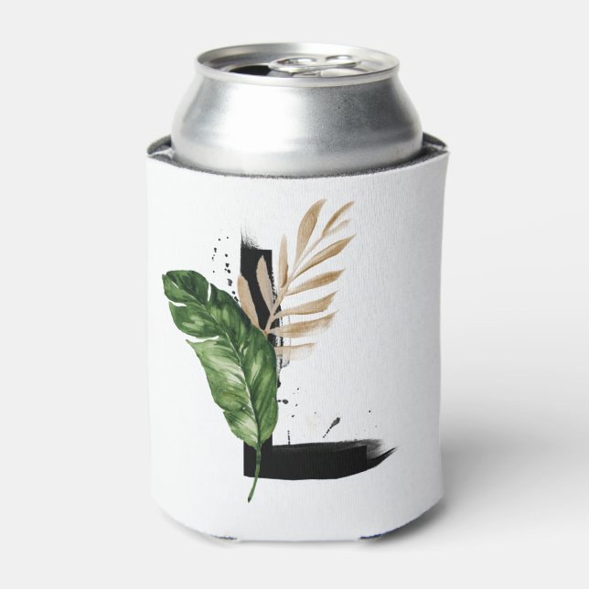Tropical Leaves Faux Gold Foil Letter L Monogram Can Cooler (Can Front)