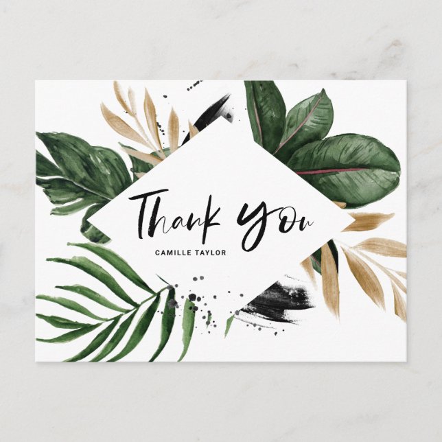 Tropical Leaves Faux Gold Foil Rustic Thank You Postcard (Front)