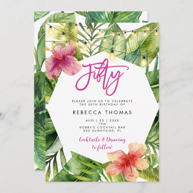 Tropical leaves fifty birthday party invitation (Front/Back)