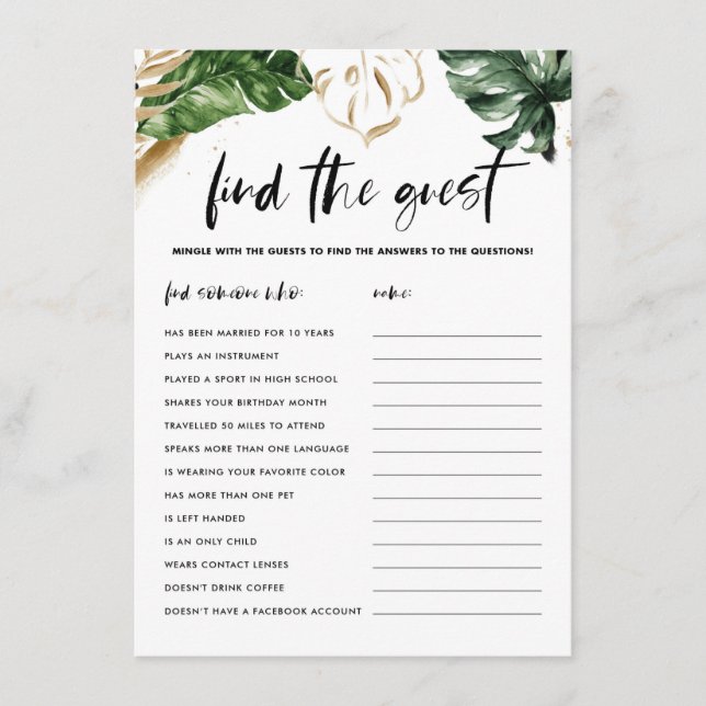 Tropical Leaves Find The Guest Shower Game Card (Front)