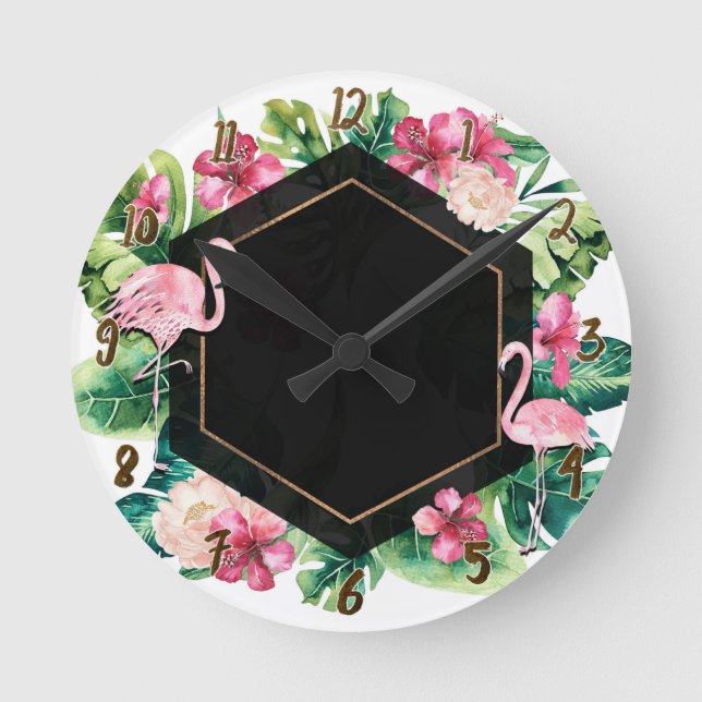Tropical Leaves & Flamingos Black Gold Chic Round Clock (Front)