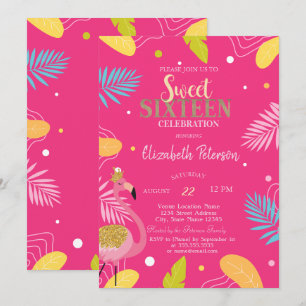 Tropical Leaves Flamingos Pink Sweet 16  Invitation