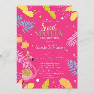 Tropical Leaves Flamingos Pink Sweet 16 Invitation