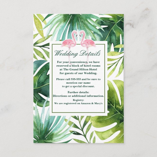 Tropical Leaves & Flamingos Summer Wedding Details Enclosure Card (Front)