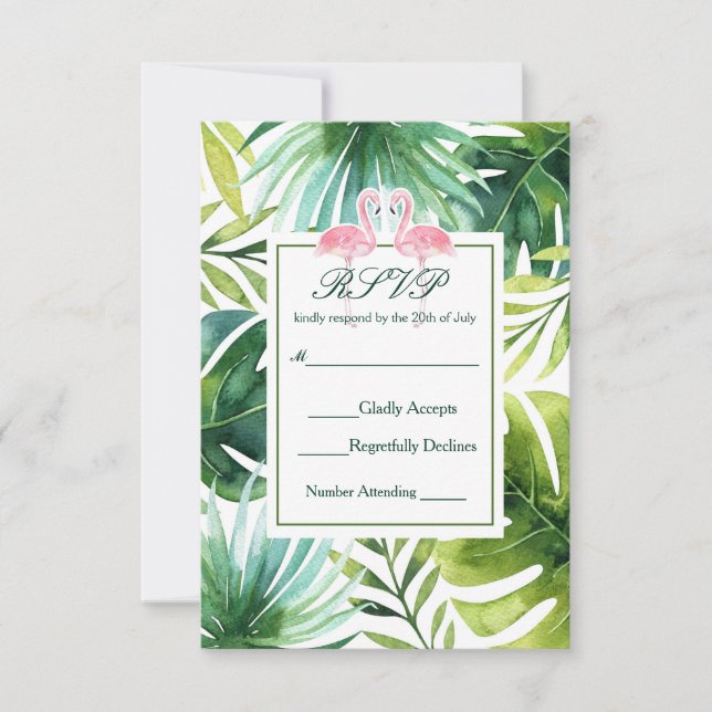 Tropical Leaves & Flamingos Summer Wedding RSVP Card (Front)