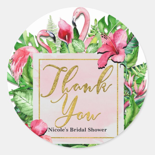 Tropical Leaves Flamingos Thank You Party Favour Classic Round Sticker (Front)