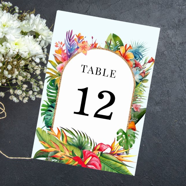 Tropical Leaves Floral Beach Wedding Table Number (Creator Uploaded)