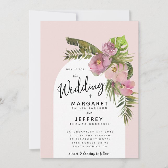 Tropical Leaves Floral Dusty Rose Purple Wedding Invitation (Front)
