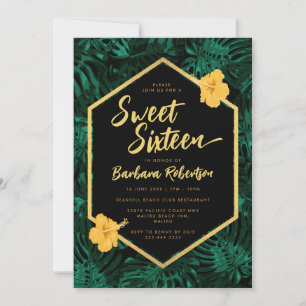 Tropical Leaves Floral Green Gold Sweet Sixteen Invitation