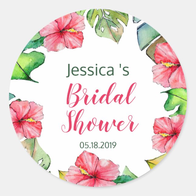 Tropical Leaves Floral Hawaiian Bridal Shower Classic Round Sticker (Front)