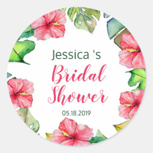 Tropical Leaves Floral Hawaiian Bridal Shower Classic Round Sticker