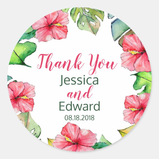 Tropical Leaves Floral Hawaiian Wedding Classic Round Sticker (Front)