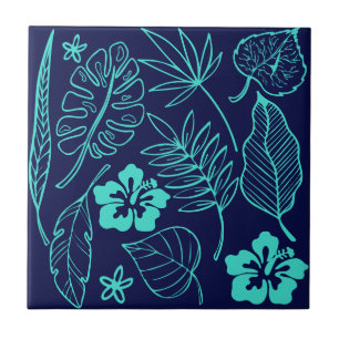 Tropical Leaves Floral Navy Turquoise Ceramic Tile