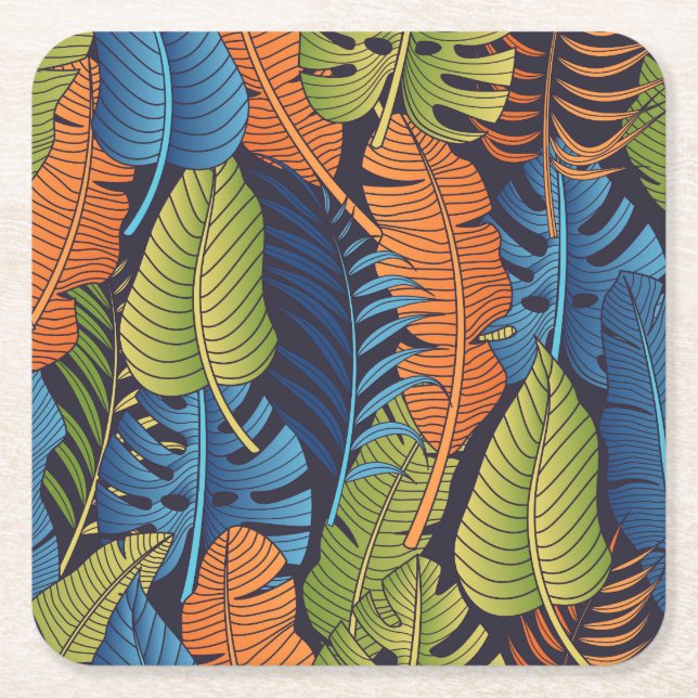 Tropical leaves, floral seamless pattern. square paper coaster (Front)