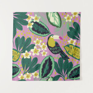 Tropical leaves,flowers and toucan bird seamless p tapestry