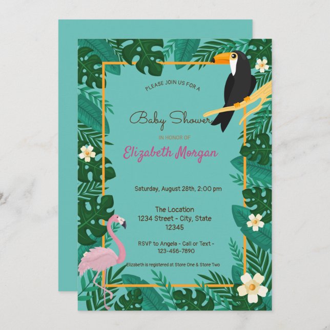 Tropical Leaves,Flowers, Flamingo Baby Shower Invitation (Front/Back)