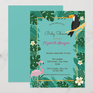 Tropical Leaves,Flowers, Flamingo Baby Shower Invitation