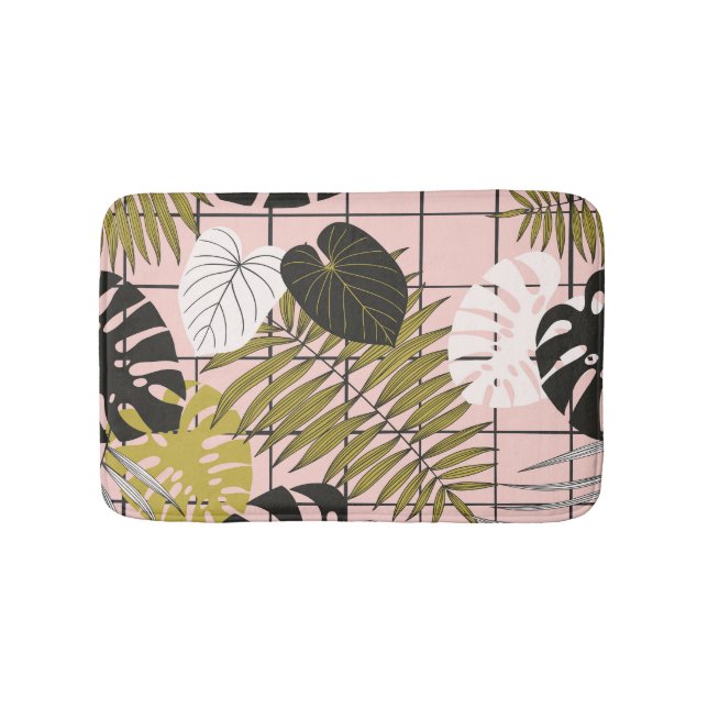 Tropical leaves, flowers, hand-painted pattern. bath mat (Front)