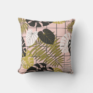 Tropical leaves, flowers, hand-painted pattern. cushion