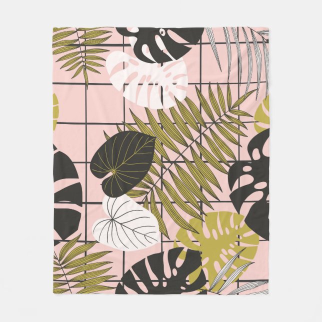 Tropical leaves, flowers, hand-painted pattern. fleece blanket (Front)