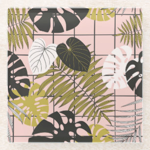 Tropical leaves, flowers, hand-painted pattern. glass coaster