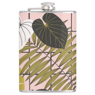 Tropical leaves, flowers, hand-painted pattern. hip flask