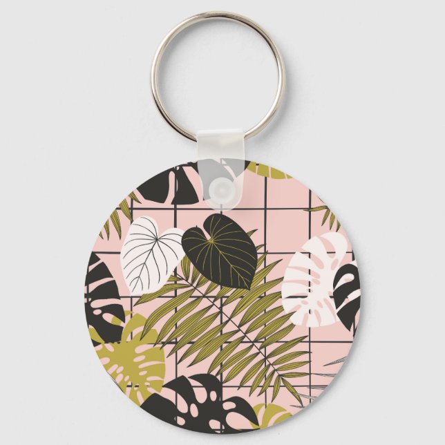 Tropical leaves, flowers, hand-painted pattern. key ring (Front)
