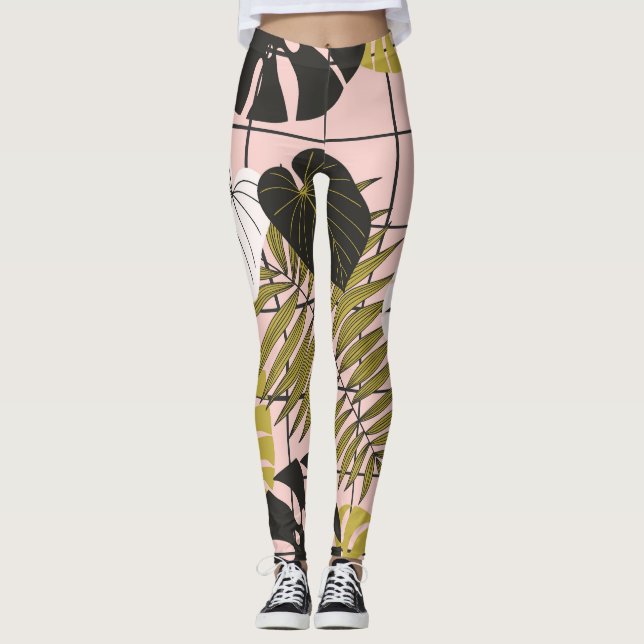 Tropical leaves, flowers, hand-painted pattern. leggings (Front)
