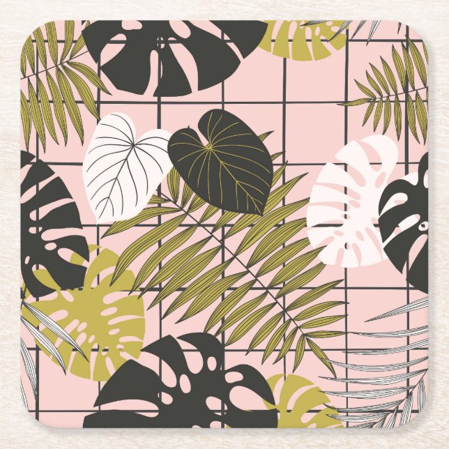 Tropical leaves, flowers, hand-painted pattern. square paper coaster (Front)