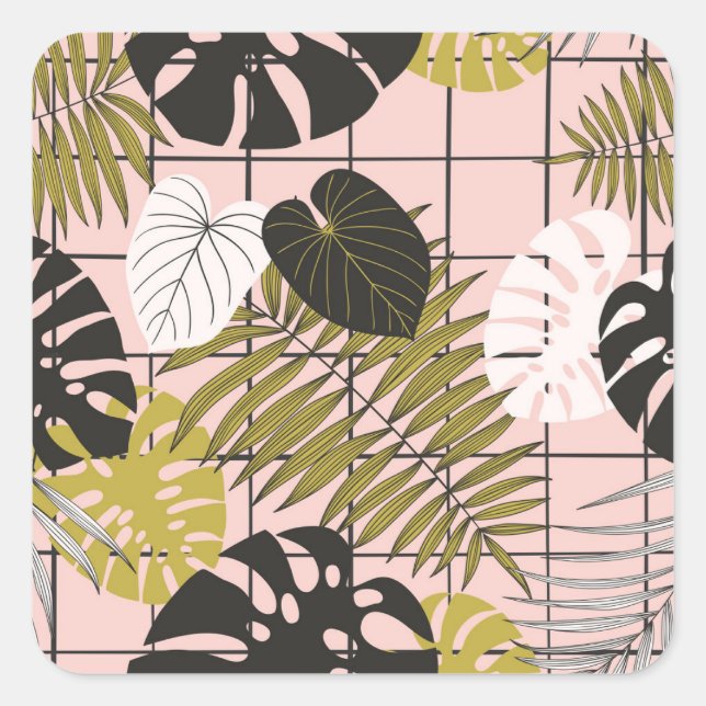 Tropical leaves, flowers, hand-painted pattern. square sticker (Front)