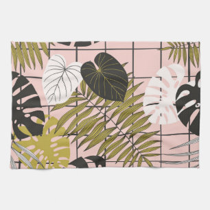 Tropical leaves, flowers, hand-painted pattern. tea towel