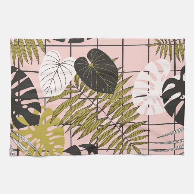 Tropical leaves, flowers, hand-painted pattern. tea towel (Horizontal)
