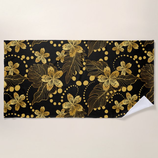 tropical leaves & flowers pattern in gold on black beach towel (Front)