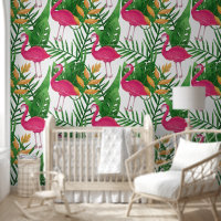 Tropical Leaves, Flowers, Pink Flamingos Pattern